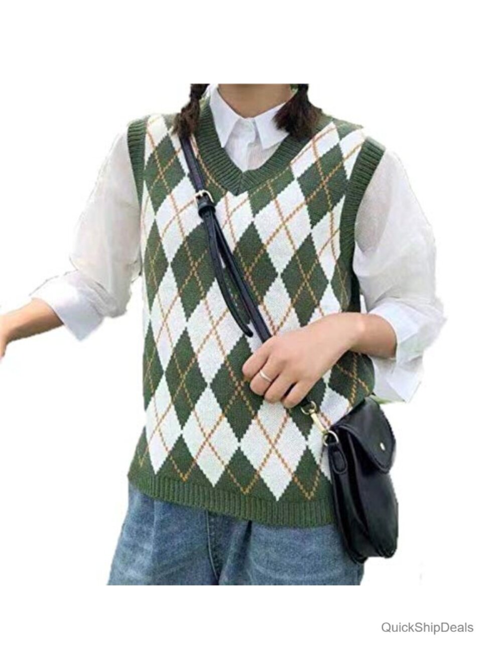 Sleeveless V Neck Argyle Plaid Sweater Vest Loose Knit Preppy